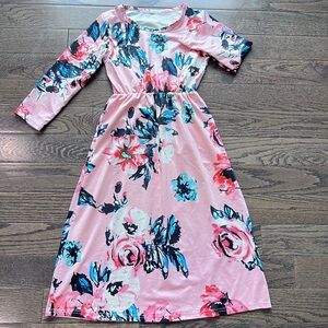 Little girl pink floral long dress with full sleeve , 40” length,
